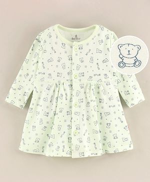 Child World Full Sleeves One Piece Dress Bear Print - Light Green