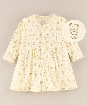 Child World Full Sleeves One Piece Dress Bear Print - Cream