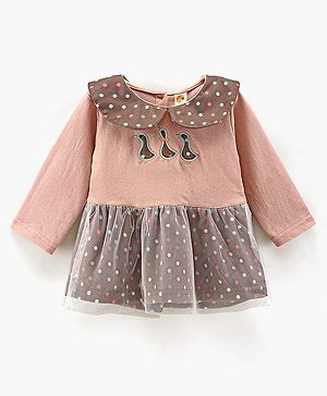 Dew Drops Girl Looper Full Sleeves Winter Frock With Polka Dot Print & Duck Embroidery- Grey Peach