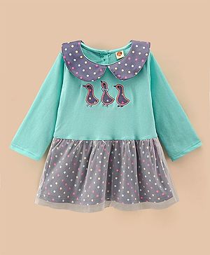 Dew Drops Girl Looper Full Sleeves Winter Frock With Polka Dot Print & Duck Embroidery- Blue