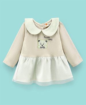 Dew Drops Looper Full Sleeves Winter Frock With Text Embroided & Bear Patch  - Green