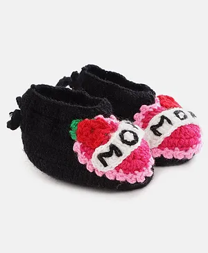 MayRa Knits Hand Knitted Mom Rose Embroidered Booties - Black