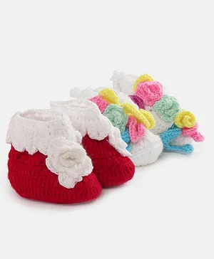 MayRa Knits Pair Of 2 Rosette Detail Hand Knitted Booties - Red