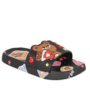 FEETWELL SHOES Teddy With Flower & Chocolate Milk Text Detailed Flip Flops - Black