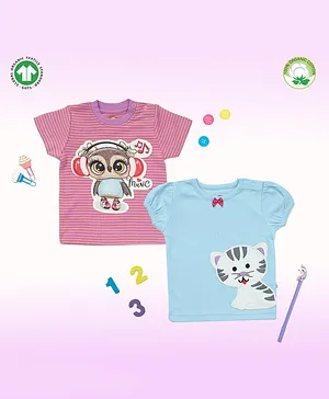 Pranava Pack Of 2 100% Organic Cotton Short Sleeves Digital Music And Baby Tiger Patch T Shirts - Pink Light Blue