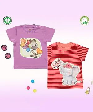 Pranava Pack Of 2 100% Organic Cotton Half Sleeves Digital Elephant And Giraffe Patch T Shirts - Red Violet