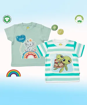 Pranava Pack Of 2 100% Organic Cotton Half Sleeves Digital Turtle And Elephant Patch T Shirts - Sea Green