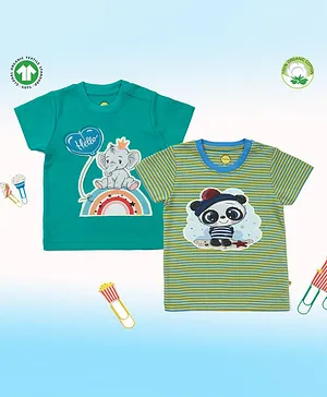 Pranava Pack Of 2 100% Organic Cotton Half Sleeves Digital Elephant And Panda Patch T Shirts - Green