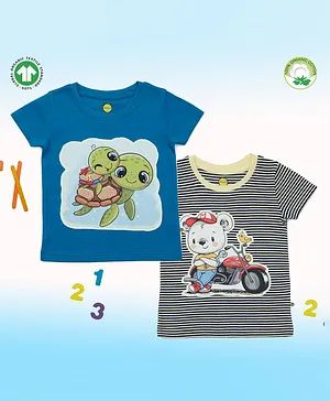 Pranava Pack Of 2 100% Organic Cotton Half Sleeves Digital Bear And Turtle Patch T Shirts - Black Blue