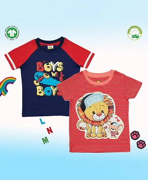 Pranava Pack Of 2 100% Organic Cotton Half Sleeves Digital Lion Patch And Boys Print T Shirts - Red Navy Blue
