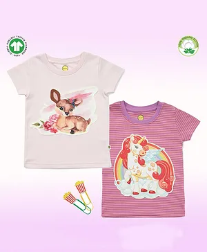Pranava Pack Of 2 100% Organic Cotton Half Sleeves Digital Unicorn And Deer Patch T Shirts - Pink