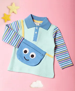 Mi Arcus Cotton Full Raglan Striped Sleeves With Attached Googly Eyes Smiley Bag Detail Polo Tee - Blue