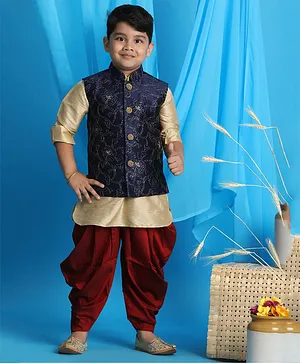 Vastramay Full Sleeves Solid Kurta And Dhoti With Floral Embroidered Jacket - Golden Navy Blue Maroon