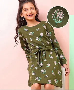 Hola Bonita Full Sleeves Sweatshirt Dress Floral Print - Olive