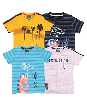Hop n Jump 100% Cotton Pack of 4 Half Sleeves Palm Trees And Dino Printed T Shirts - Yellow