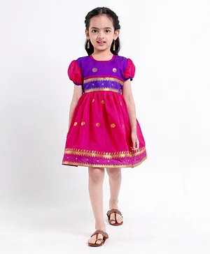 Bhartiya Paridhan Cotton Silk Short Sleeves Ethnic Dress Polka Dot - Pink