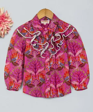 Hugsntugs Full Sleeves Multi Frills Detail Floral Print Top - Pink