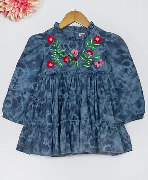 Hugsntugs Full Sleeves Floral Embroidered Tiered Top - Blue