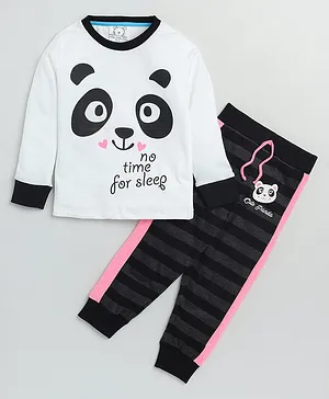 Little Marine Full Sleeves Panda Printed & Striped Night Suit - White Black & Pink