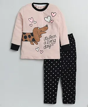 Little Marine Full Sleeves Dog With Heart Placement Printed Tee & Polka Dot Printed Pyjama - Peach