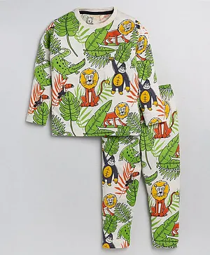 Little Marine Full Sleeves Seamless Leaves & Lion With Crocodile Printed Tee & Coordianting Pyjama - Cream