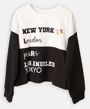 Angel & Rocket Full Sleeves Capital Cities Text Printed Monochrome Color Block Sweatshirt Style Tee - Black & White