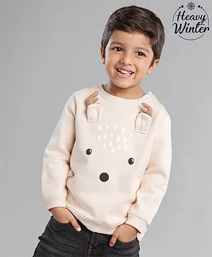Babyoye Full Sleeves Cotton Sweatshirt Reindeer Print & Applique - Off White