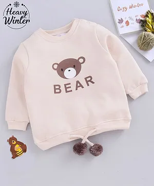 Babyoye Cotton Brushed Fleece Placement Print Full Sleeves Sweatshirt Bear Print - Beige