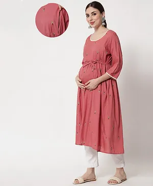 Aujjessa Three Fourth Sleeves Floral Embroidered Maternity Kurta - Dusty Pink