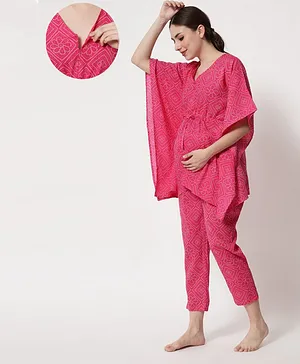 Aujjessa Batwing Sleeves Bandhani Detail Kaftan Style Maternity Nursing Night Suit - Fuchsia Pink