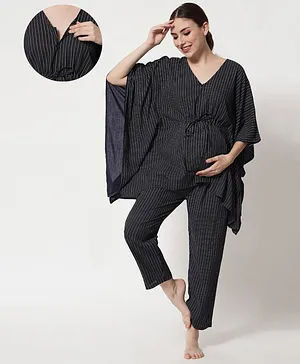 Aujjessa Batwing Sleeves Dotted Striped Kaftan Style Maternity Nursing Night Suit - Navy Blue