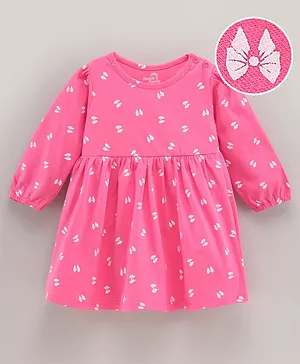 Doodle Poodle Full Sleeves Cotton Frock Bow Print- Pink