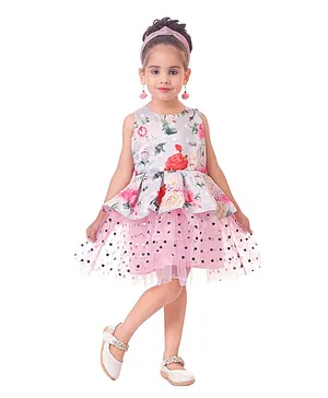 Tambourine Sleeveless Floral Print And Embellished Peplum Style Dress - Pink