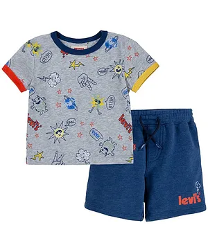 Levi's® Half Sleeves All Over Text & Monster Printed Tee With Coordinating Shorts - Grey