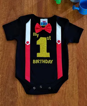 TINY MINY MEE Half Sleeves First Birthday Printed Mock Suspender Detail Onesie - Black