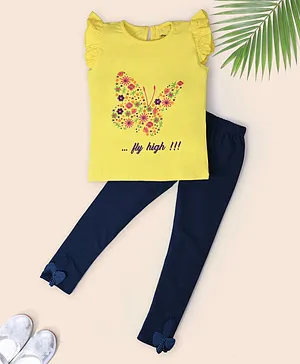 Nino Togs Biowashed Cap Flutter Sleeves Butterfly Placement Embroidered Tee with Embellished Full Length Leggings - Yellow