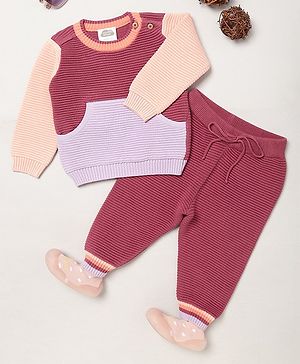 Mi Arcus Full Raglan Sleeves Colour Blocked Tee & Pajama Set - Maroon