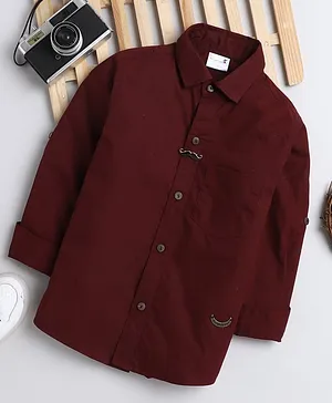 BAATCHEET Full Sleeves Solid Shirt With Moustache Brooch - Wine Maroon