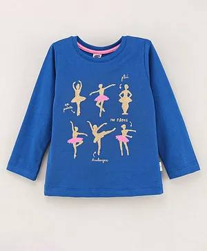 Teddy Cotton Knit Full Sleeves Ballerina Printed Top - Blue