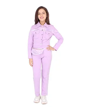 Cutecumber Full Sleeves Solid Glossy Finish Jacket & Trouser With Waist Pouch Detail - Purple
