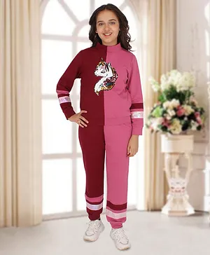 Cutecumber Full Sleeves Colorblocked And Sequin Unicorn Patch Embellished Top With Track Pant - Maroon