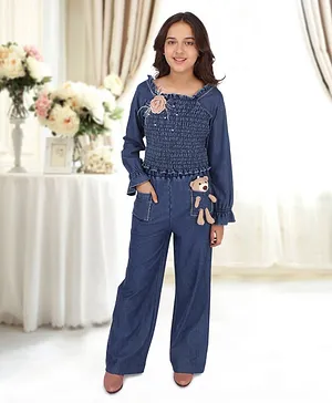 Cutecumber Full Sleeves Rosette Applique Smocked Detail Top With Teddy Detail Trouser - Blue