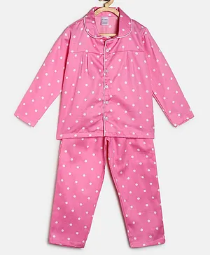 MANET Full Sleeves Polka Print Night Suit - Pink