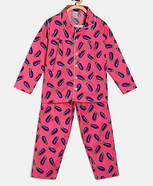 Manet Full Sleeves Brinjals Print Night Suit - Pink