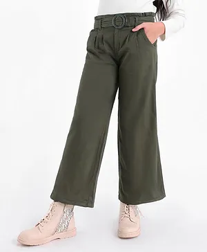 Pine Kids Full Length Solid Trousers with Frill Waistband and Belt - Olive Green