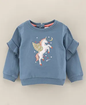 ToffyHouse Full Sleeves Fleece Light Winter Top Unicorn Print - Blue