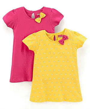 Babyhug 100% Cotton Half Sleeves Solid Color Frock with Bow Applique and Floral Print Pack of 2 - Pink Yellow