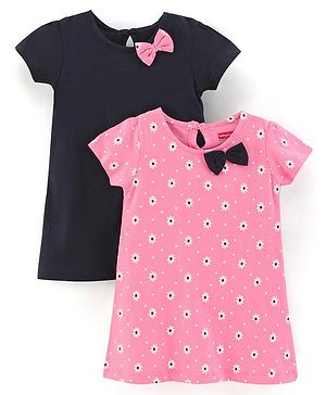 Babyhug 100% Cotton Knit Half Sleeves Solid Color Frock With Bow Applique And Floral Print Pack Of 2 - Navy Blue & Pink
