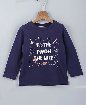 Beebay Full Sleeves To The Moon And Back Text With Planet & Constellations Printed 100% Cotton Tee - Navy Blue