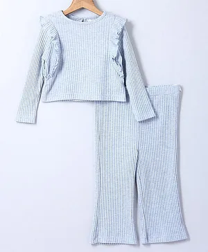 Beebay Full Sleeves Solid Blended Ribbed Knit Top & Pants Coordinated Set - Blue